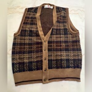 Vintage Florence Tricot Grandpa Brown Plaid Sweater Vest Wool Blend Italy Size L